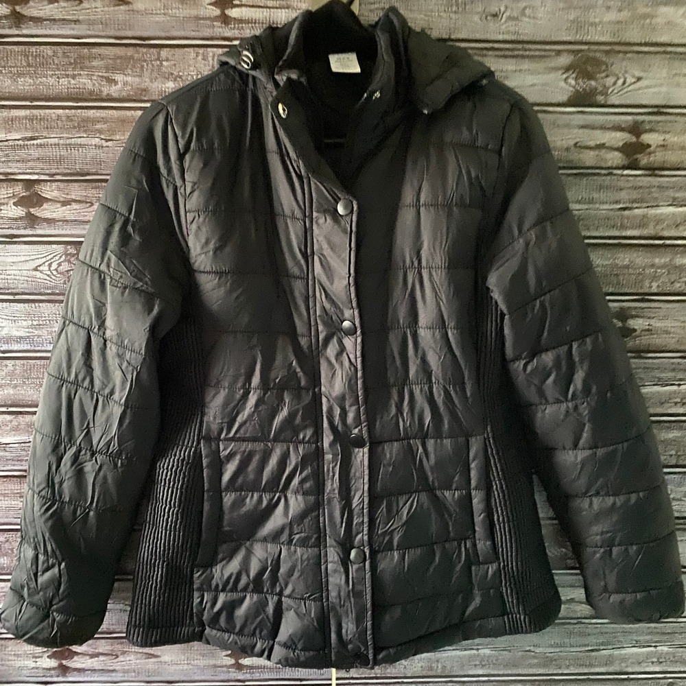 Time and Tru Women's‎ Full-Zip Puffer Jacket Size XS 0-2 Black Hooded Pockets